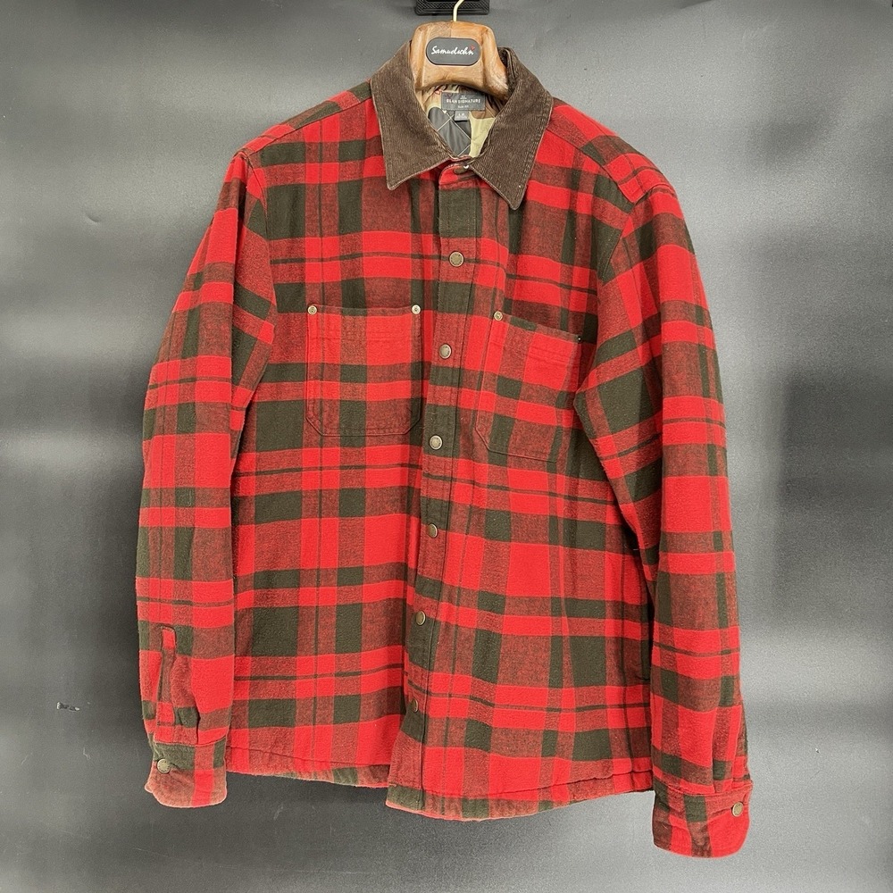 L.L. Bean Shacket Mens Large Red Black Buffalo Plaid Camo Lined Button Front